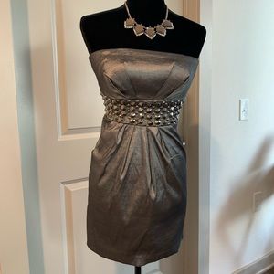 Metallic Gray Studded Strapless Dress